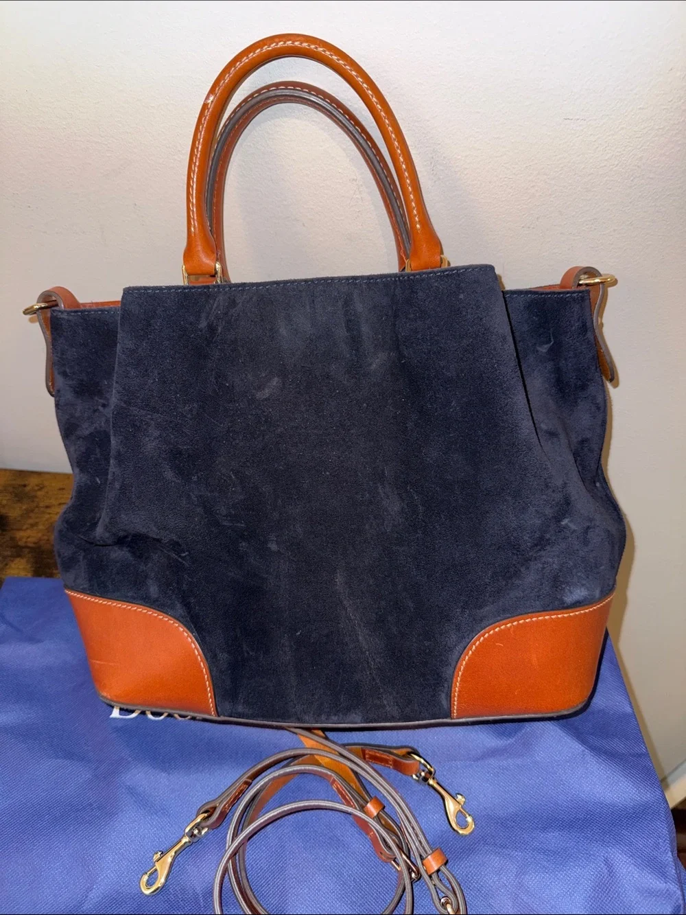 Dooney & Bourke Black Suede Satchel with Brown Leather Trim